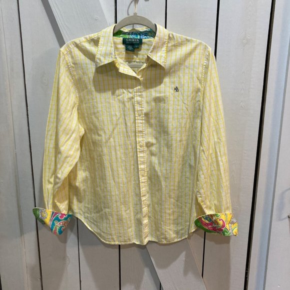 Lauren Ralph Lauren yellow check button up shirt paisley cuffs large - Picture 1 of 8